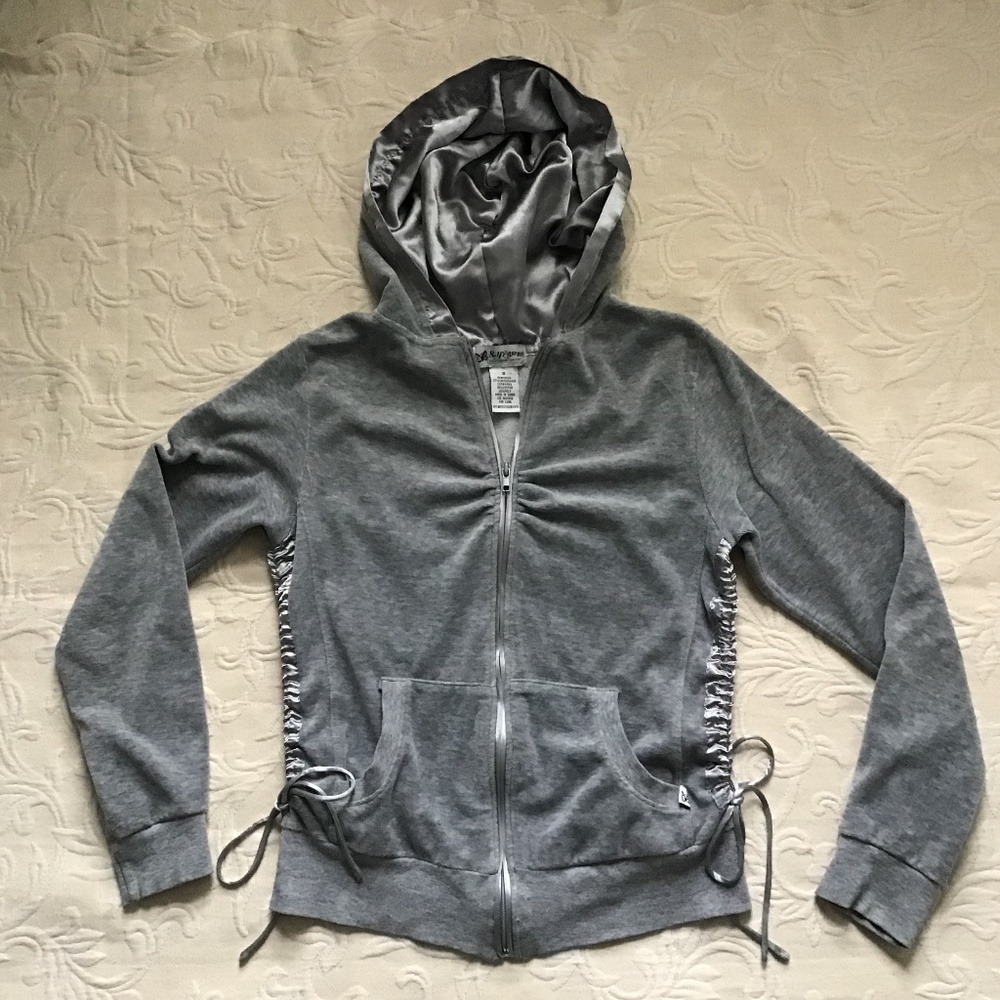 VTG Y2K Self Esteem Gray Velour Hoodie Size Small Satin Trim